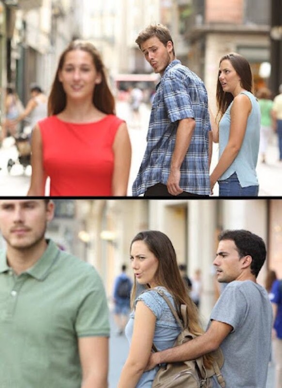 Создать мем: мем где парень смотрит на другую девушку, мем парень обернулся на девушку, парень оборачивается