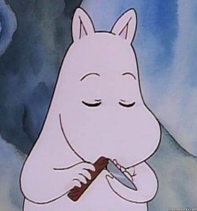 Create meme: Moomin, the picture of the Hippo with a knife, white Hippo cartoon