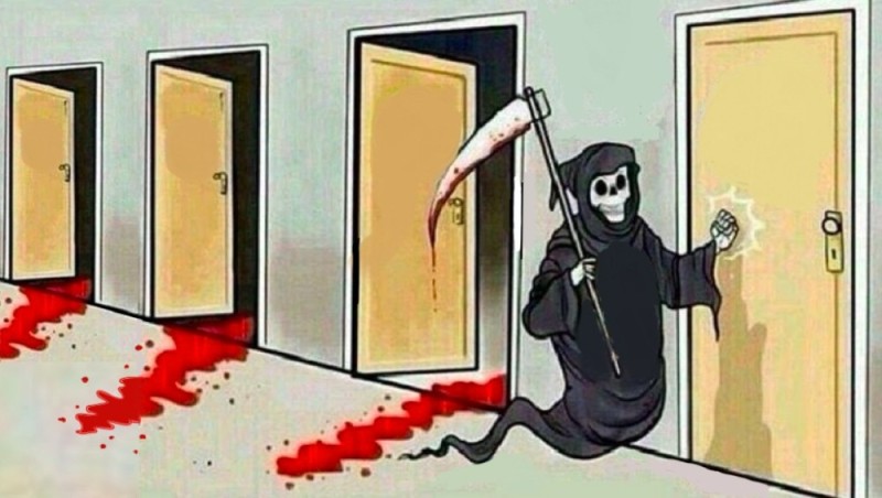 Create meme: death with a scythe knocks on the door, the grim Reaper meme, a meme with death and doors