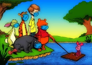 Create meme: Piglet on a raft, the swine flu cartoon, Winnie the Pooh swine flu