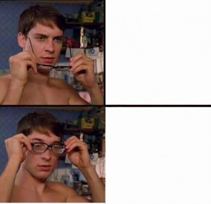 Create meme: Peter Parker with glasses and without, Peter Parker's blind meme, meme Peter Parker glasses black cat