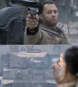 Create meme: Tom Hanks against the tank, Saving private Ryan, saving private Ryan meme with the tank