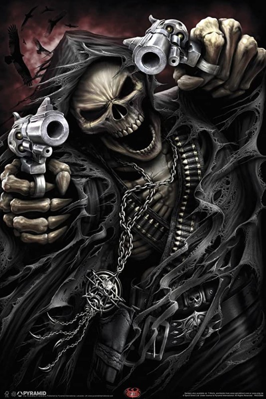 Create meme: darkness, skull with guns, skeleton with a gun