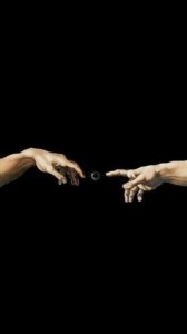 Создать мем: черный обой, микеланджело сотворение, руки тянутся друг к другу арт обои на телефон