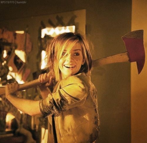 Create meme: The end of the world 2013 apocalypse in Hollywood Emma Watson, emma watson , Emma Watson with an axe
