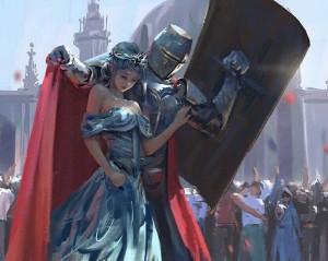 Создать мем: оригинал мема рыцарь прикрывает щитом девушку, fantasy queen, wlop