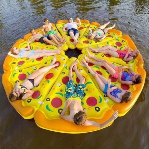 Create meme: pizza, pizza slice, an inflatable mattress swimming