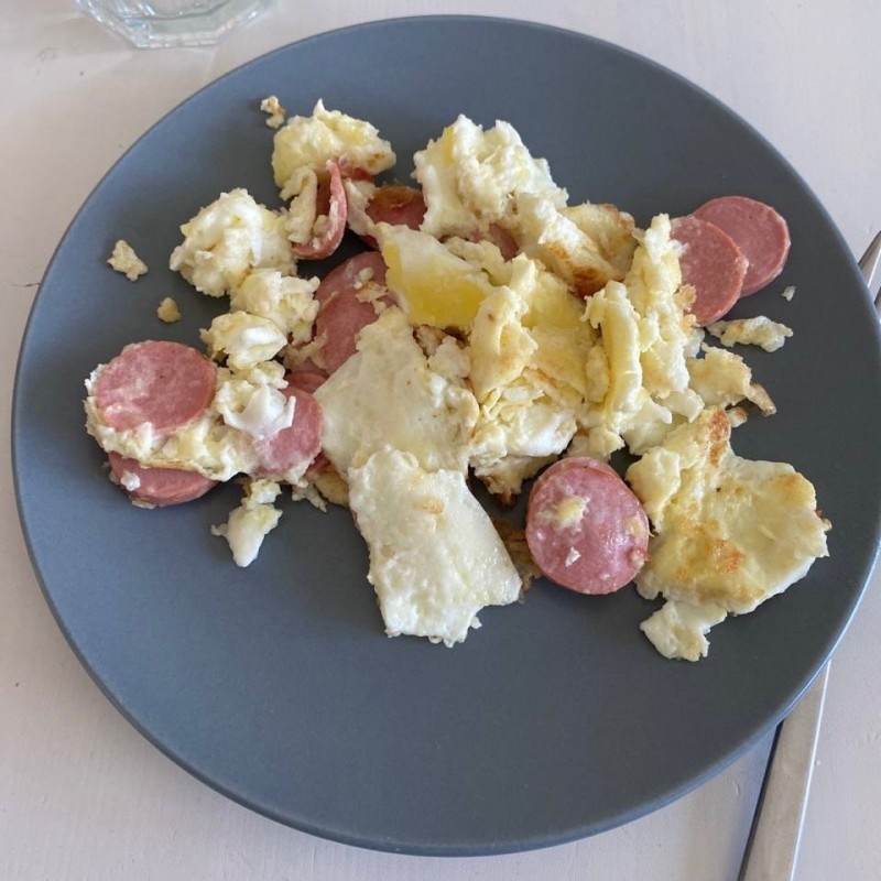 Create meme: items on the table, scrambled eggs and sausages, scramble with bacon