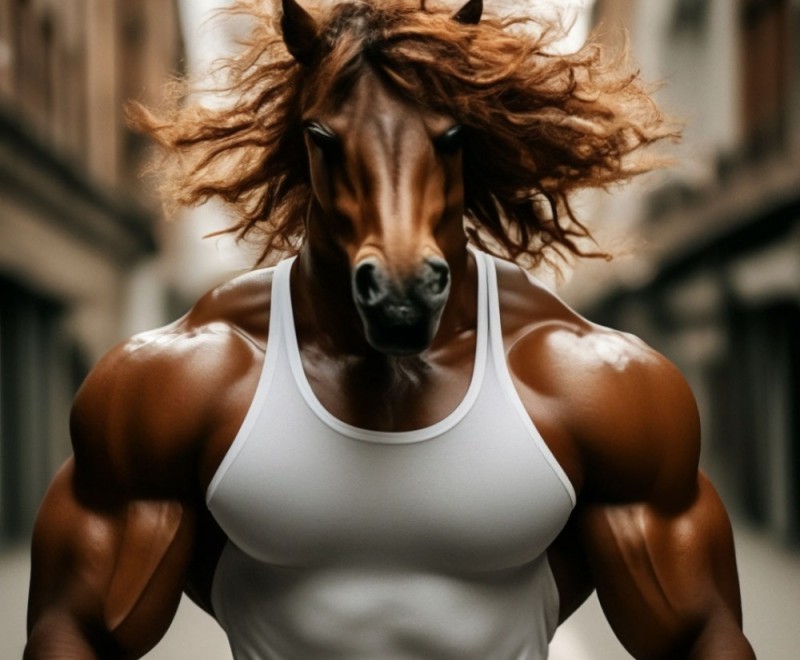 Create meme: horse muscles, horse , guy 