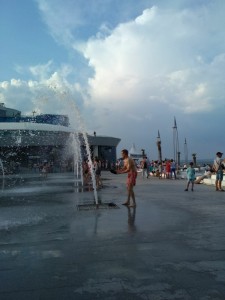 Create meme: Krymskaya embankment, fountain, man on the beach