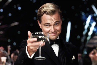 Create meme: Leonardo DiCaprio the great Gatsby, DiCaprio with a glass of, DiCaprio Gatsby