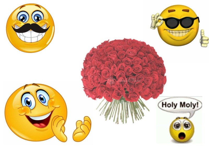 Создать мем: букет из 101 розы, смешные смайлы, смайлик с цветами