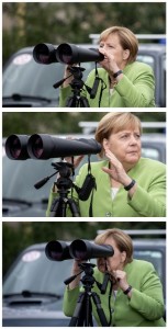 Create meme: Angela Merkel, Merkel looks through binoculars, Merkel binoculars