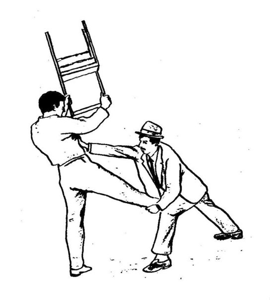 Create meme: hitting with a chair, protection from blows with a stick, blow 