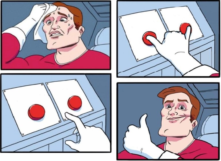 Create meme: difficult choice meme, meme two buttons template, red button meme