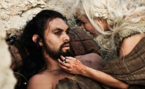 Create meme: daenerys Targaryen and khal Drogo, khaleesi and khal Drogo moon of my life, Jason momoa khal khaleesi with