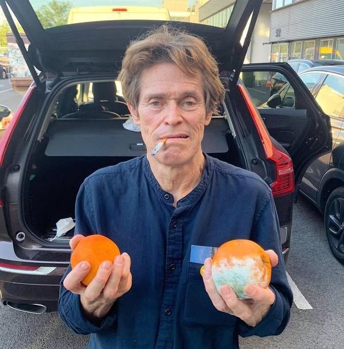 Create meme: willem dafoe meme with oranges, willem dafoe, Willem Dafoe holds oranges