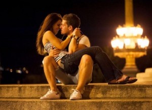 Create meme: Evening, the guy kisses the girl, two love