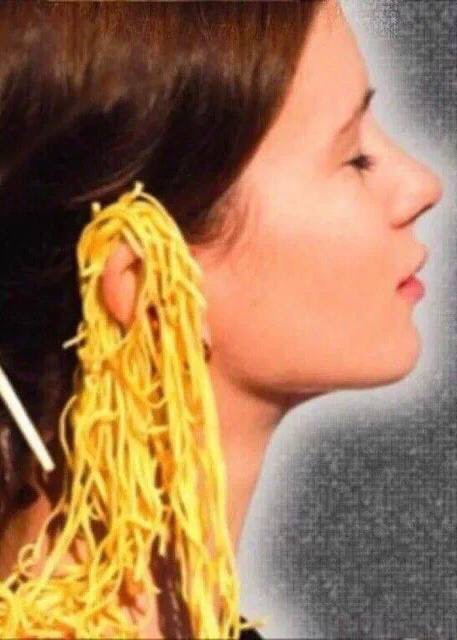 Create meme: noodles with ears, people with noodles on the ears, girl with noodles on her ears