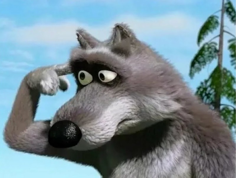 Create meme: Masha the wolf and the bear finger at the temple, The wolf of Masha and the Bear, Masha and the bear wolves 