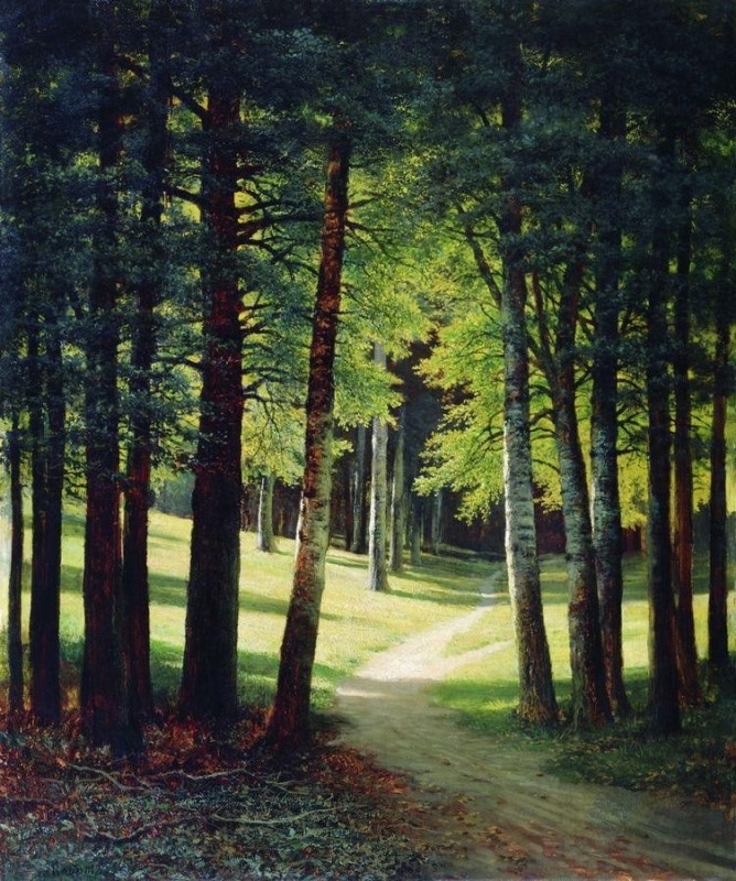 Создать мем: михаил клодт лесной пейзаж (аллея в березовой роще) (1867), шишкин сосновый лес 1885, картина шишкина сосна