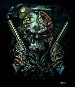Создать мем: череп с пистолетами, скелет с револьвером, татуировки с черепами