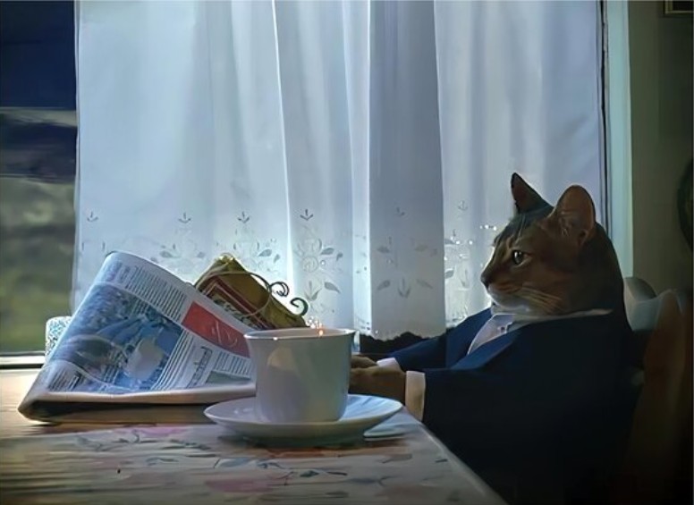 Create meme: cat with newspaper meme, cat intellectual, a cat with a newspaper at the table
