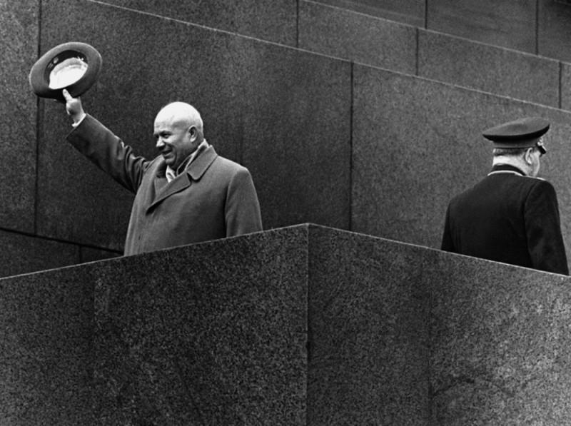 Create meme: Yuri Gagarin and Nikita Khrushchev on the podium of the mausoleum, Nikita Khrushchev 1964, on the podium of the mausoleum 1965