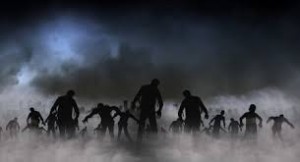 Create meme: zombie attack, zombie Apocalypse, a crowd of zombies in the night