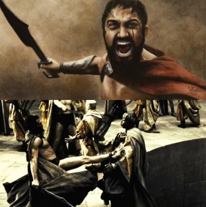 Создать мем: 300 спартанцев зис из спарта, 300 спартанцев удар ногой, зис из спарта