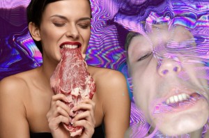 Create meme: girl eating raw meat, meat, woman