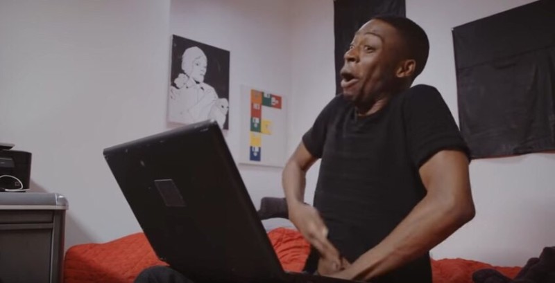 Create meme: black man with laptop MEM , a black man with a laptop, meme black man with hand in pants