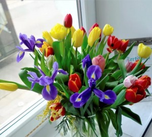 Create meme: irises and tulips, irises with tulips, irises and tulips bouquet