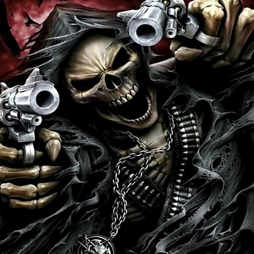 Create meme: cool skulls, skull with guns, skeleton with a gun