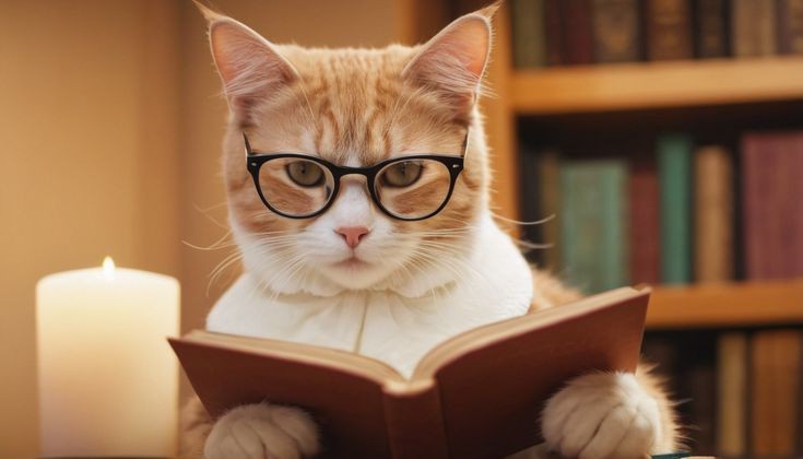 Создать мем: умный кот, кот в очках с книгой, читающий кот