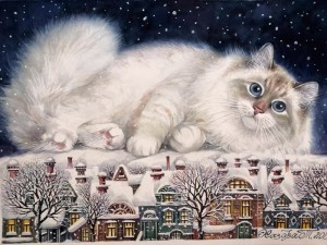 Создать мем: зимний кот, кошки картины художников, зимние котики
