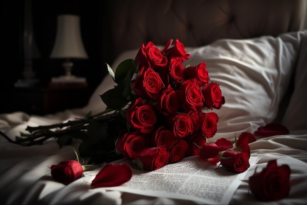 Create meme: bouquet of roses on the bed, bouquet of flowers on the bed, roses on the bed