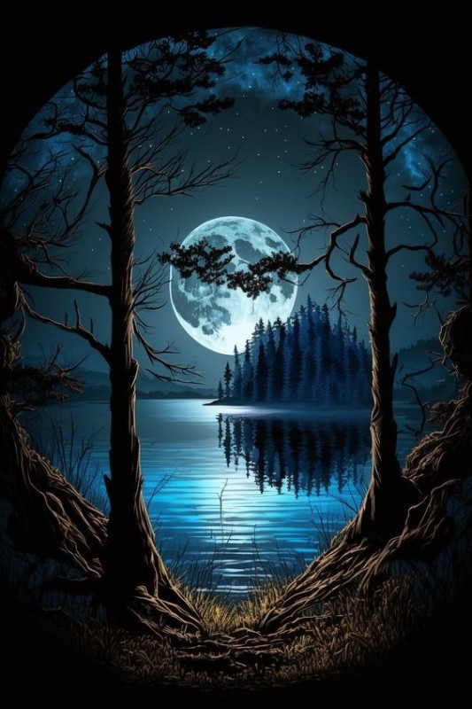 Создать мем: ночь, луна картина, лес луна