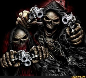 Создать мем: злой скелет, крутые черепа, скелет с ружьем
