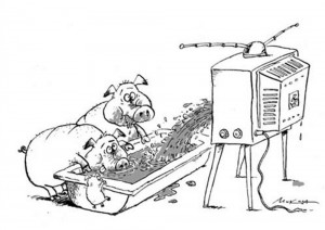 Создать мем: зомбоящик, свинья в телевизоре, карикатура телевизор помои свинья