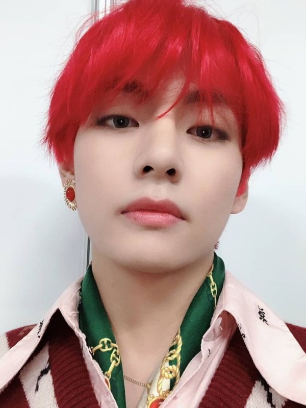 Create meme: kim tae hyun, taehyung with red hair, kim taehyung with red hair